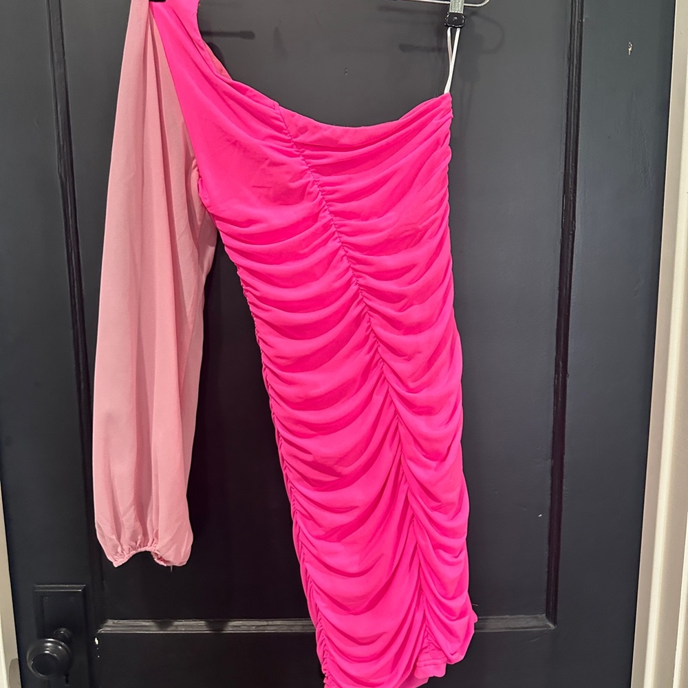 Pink One-Shoulder Ruched Dress - Picture 2 of 5